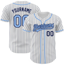 Load image into Gallery viewer, Custom White Navy Pinstripe Light Blue Authentic Baseball Jersey