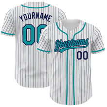 Load image into Gallery viewer, Custom White Navy Pinstripe Teal Authentic Baseball Jersey