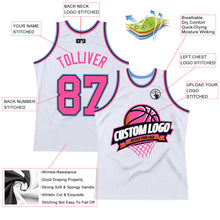 Load image into Gallery viewer, Custom White Pink Black-Light Blue Authentic Throwback Basketball Jersey