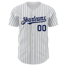 Load image into Gallery viewer, Custom White Navy Pinstripe Navy Authentic Baseball Jersey
