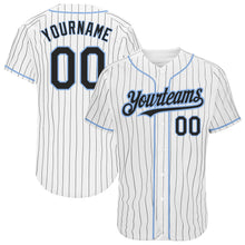 Load image into Gallery viewer, Custom White Black Pinstripe Light Blue Authentic Baseball Jersey