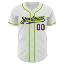Load image into Gallery viewer, Custom White Purple-Neon Green Authentic Baseball Jersey