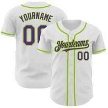 Load image into Gallery viewer, Custom White Purple-Neon Green Authentic Baseball Jersey