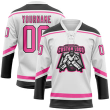 Load image into Gallery viewer, Custom White Pink-Black Hockey Lace Neck Jersey