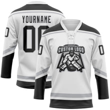 Load image into Gallery viewer, Custom White Black-Gray Hockey Lace Neck Jersey