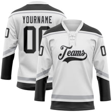 Load image into Gallery viewer, Custom White Black-Gray Hockey Lace Neck Jersey