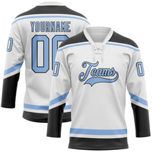 Load image into Gallery viewer, Custom White Light Blue-Black Hockey Lace Neck Jersey