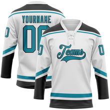 Load image into Gallery viewer, Custom White Teal-Black Hockey Lace Neck Jersey