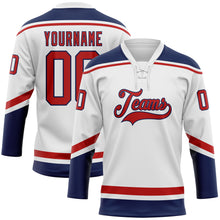 Load image into Gallery viewer, Custom White Red-Navy Hockey Lace Neck Jersey