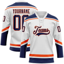 Load image into Gallery viewer, Custom White Navy-Orange Hockey Lace Neck Jersey