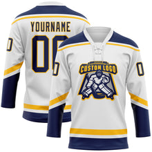 Load image into Gallery viewer, Custom White Navy-Gold Hockey Lace Neck Jersey