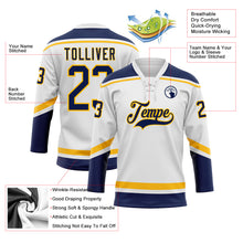 Load image into Gallery viewer, Custom White Navy-Gold Hockey Lace Neck Jersey