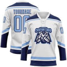 Load image into Gallery viewer, Custom White Light Blue-Navy Hockey Lace Neck Jersey