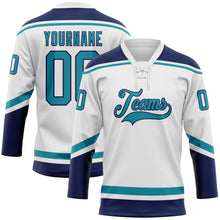 Load image into Gallery viewer, Custom White Teal-Navy Hockey Lace Neck Jersey