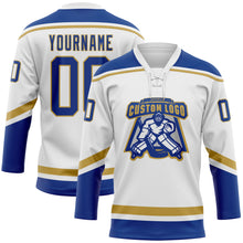 Load image into Gallery viewer, Custom White Royal-Old Gold Hockey Lace Neck Jersey