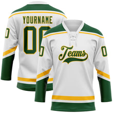 Load image into Gallery viewer, Custom White Green-Gold Hockey Lace Neck Jersey