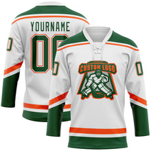 Load image into Gallery viewer, Custom White Green-Orange Hockey Lace Neck Jersey