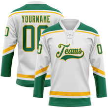 Load image into Gallery viewer, Custom White Kelly Green-Gold Hockey Lace Neck Jersey