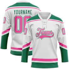 Load image into Gallery viewer, Custom White Pink-Kelly Green Hockey Lace Neck Jersey