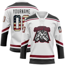 Load image into Gallery viewer, Custom White Vintage USA Flag Black-Maroon Hockey Lace Neck Jersey