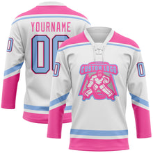 Load image into Gallery viewer, Custom White Light Blue Black-Pink Hockey Lace Neck Jersey
