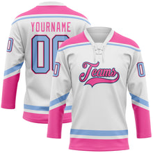Load image into Gallery viewer, Custom White Light Blue Black-Pink Hockey Lace Neck Jersey
