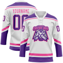 Load image into Gallery viewer, Custom White Purple-Pink Hockey Lace Neck Jersey