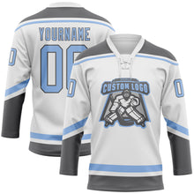 Load image into Gallery viewer, Custom White Light Blue-Steel Gray Hockey Lace Neck Jersey