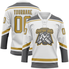 Load image into Gallery viewer, Custom White Old Gold-Steel Gray Hockey Lace Neck Jersey