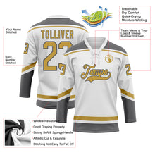 Load image into Gallery viewer, Custom White Old Gold-Steel Gray Hockey Lace Neck Jersey