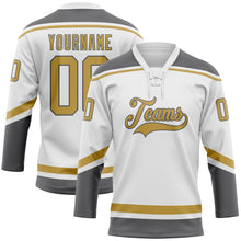 Load image into Gallery viewer, Custom White Old Gold-Steel Gray Hockey Lace Neck Jersey