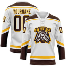 Load image into Gallery viewer, Custom White Brown-Gold Hockey Lace Neck Jersey