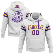 Load image into Gallery viewer, Custom Stitched White Purple-Gold Football Pullover Sweatshirt Hoodie
