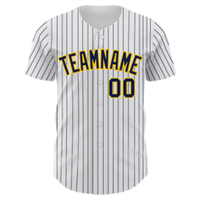 Load image into Gallery viewer, Custom White Navy Pinstripe Yellow Authentic Baseball Jersey