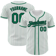 Load image into Gallery viewer, Custom White Kelly Green Pinstripe Black Authentic Baseball Jersey