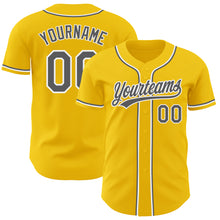 Load image into Gallery viewer, Custom Yellow Steel Gray-White Authentic Baseball Jersey