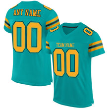 Load image into Gallery viewer, Custom Aqua Gold-Black Mesh Authentic Football Jersey