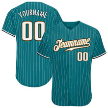 Load image into Gallery viewer, Custom Teal White Pinstripe White-Old Gold Authentic Baseball Jersey