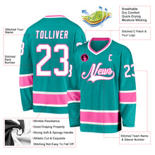 Load image into Gallery viewer, Custom Aqua White-Pink Hockey Jersey
