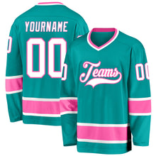 Load image into Gallery viewer, Custom Aqua White-Pink Hockey Jersey