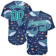 Load image into Gallery viewer, Custom Teal Teal-White 3D Pattern Design Sharks Authentic Baseball Jersey