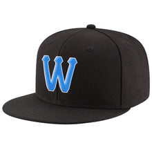 Load image into Gallery viewer, Custom Black Powder Blue-White Stitched Adjustable Snapback Hat
