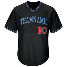 Load image into Gallery viewer, Custom Black Red-Light Blue Authentic Throwback Rib-Knit Baseball Jersey Shirt