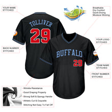 Load image into Gallery viewer, Custom Black Red-Light Blue Authentic Throwback Rib-Knit Baseball Jersey Shirt
