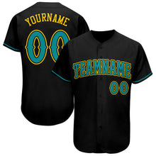 Load image into Gallery viewer, Custom Black Teal-Gold Authentic Baseball Jersey