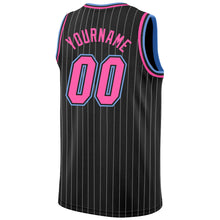 Load image into Gallery viewer, Custom Black White Pinstripe Pink-Light Blue Authentic Basketball Jersey