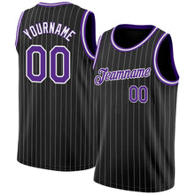 Load image into Gallery viewer, Custom Black White Pinstripe Purple-White Authentic Basketball Jersey