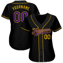 Load image into Gallery viewer, Custom Black Purple-Gold Authentic Baseball Jersey