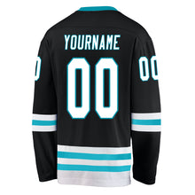 Load image into Gallery viewer, Custom Black White-Teal Hockey Jersey