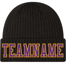 Load image into Gallery viewer, Custom Black Purple-Gold Stitched Cuffed Knit Hat
